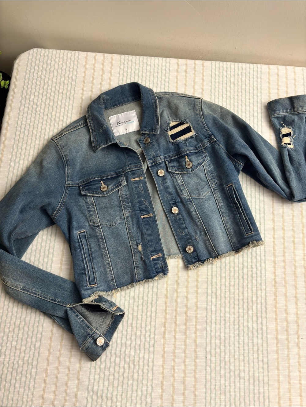 KanCan Light Blue Cropped Distressed Denim Jacket